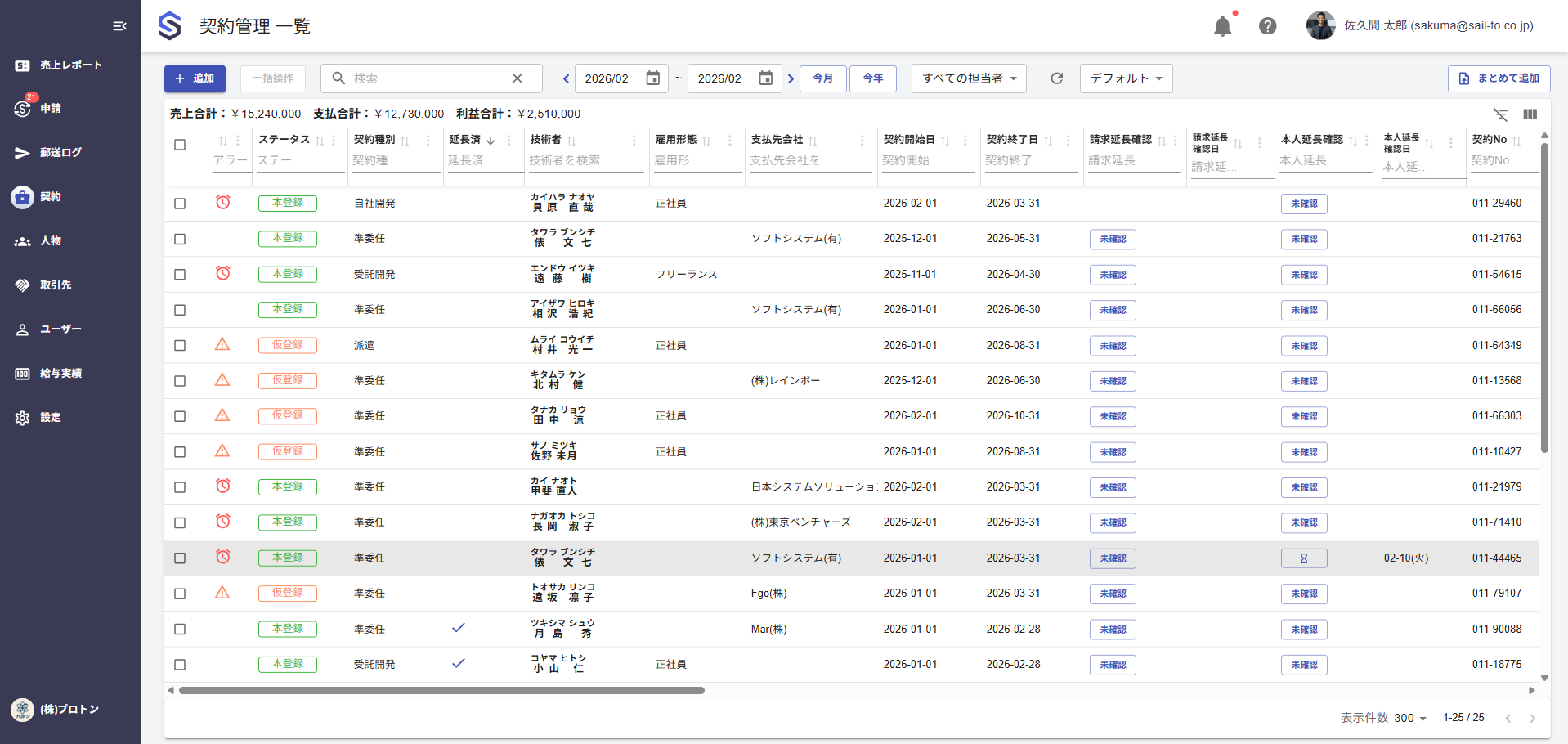 延長状況、見積書・注文書、契約条件を一覧で確認できるスマートSESの契約管理画面